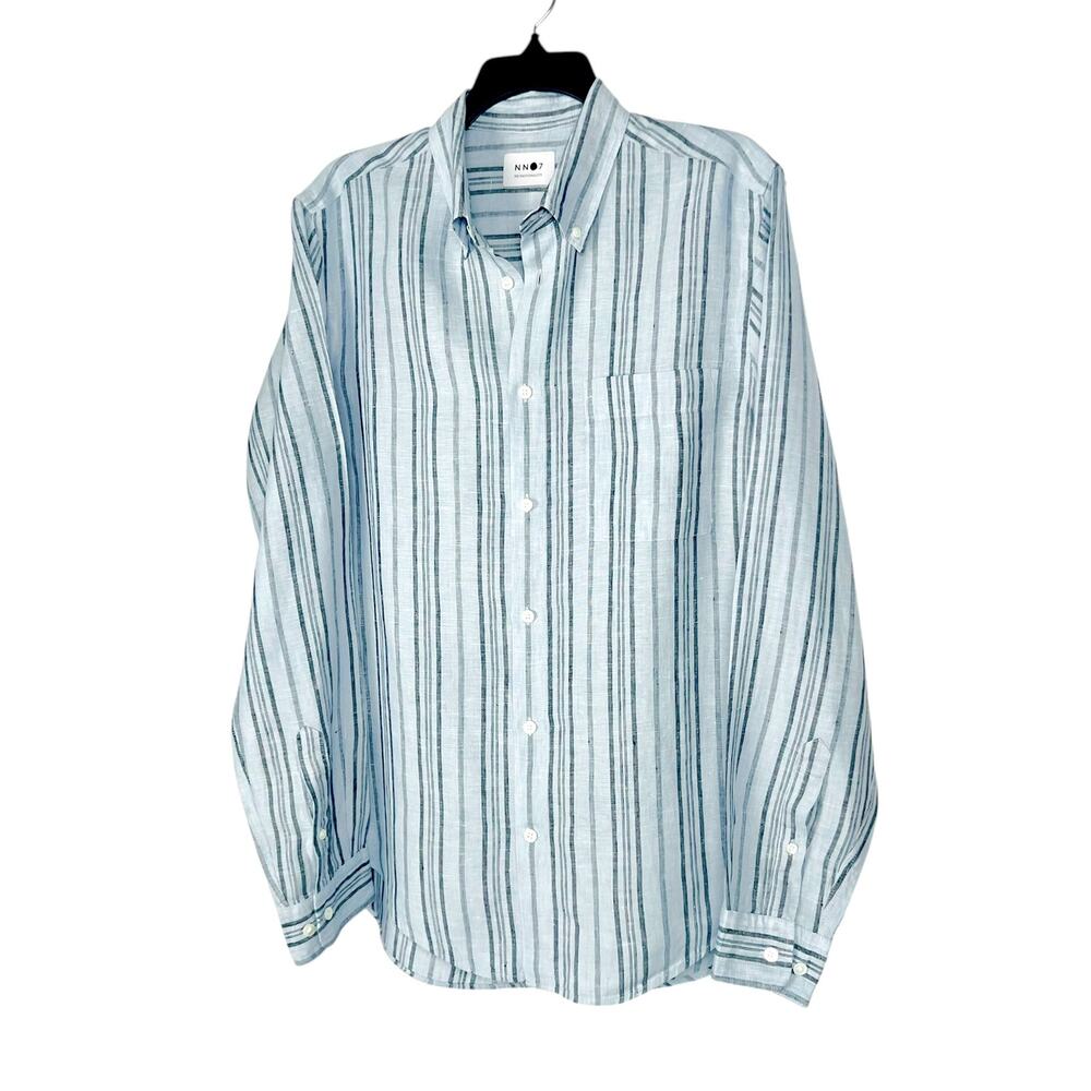 NN.07 Men's Size L Arne BD 5220 Blue Gray Stripe Linen Button Down Shirt Casual